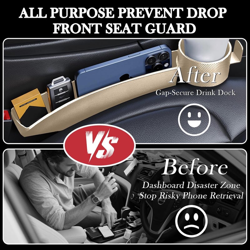 DDTPDE Car Seat Gap Filler Set of 2, Upgraded Car Side Seat Gap Fillers with Organizer, Cup Holder & Hook Function, Inserts Between Front Seats Console Catcher 4in1 Gap Stopper Fill Plug Storage Box (Beige) - Image 3
